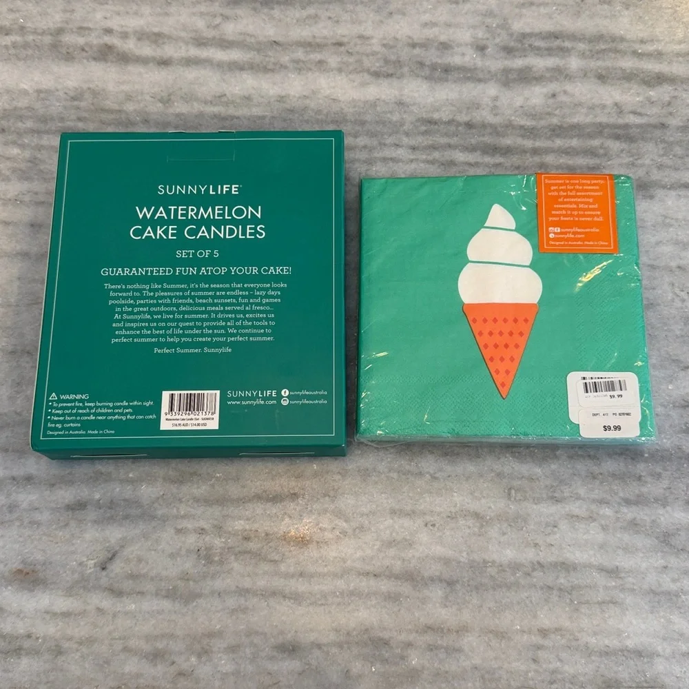 NEW Sunnylife Party Supplies - Watermelon Cake Candles & Ice. Cream Cone Napkins